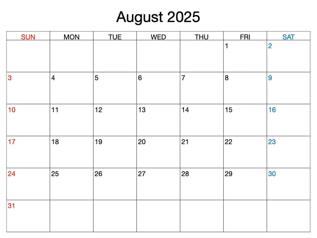 August 2025 Calendar