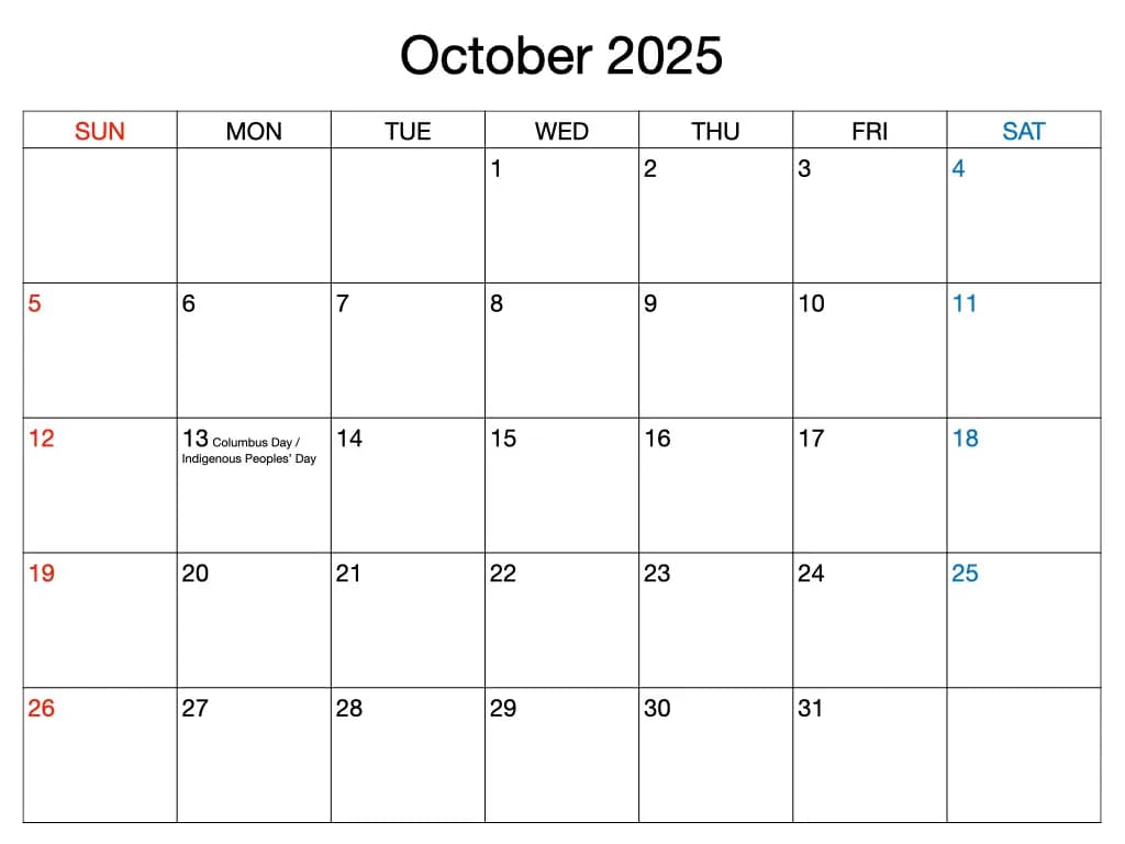 October 2025 Calendar